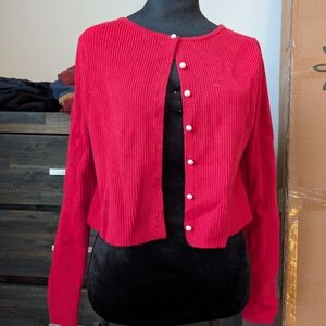 Red Ribbed Cardigan with Pearl Buttons